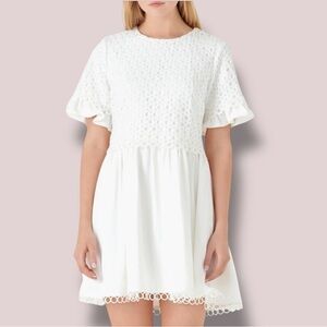 ENGLISH FACTORY Anthropologie Mixed Media Circle Trim White MiniDress NWT- Small